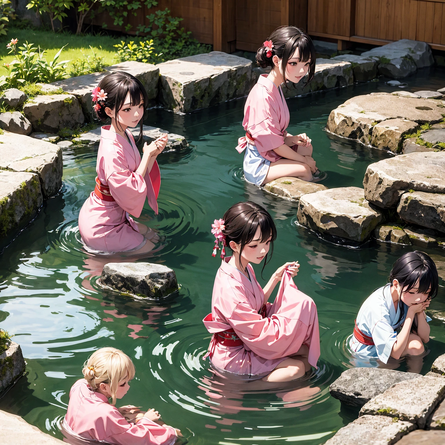 Highest quality、4k quality、hot spring、Woman sitting、A woman in a yukata kneels in front of a man、The woman takes the man&#39;While he is standing、Put your ????? in her mouth、Woman hugging man&#39;foot、women are blonde、Women's Ponytail、women are 