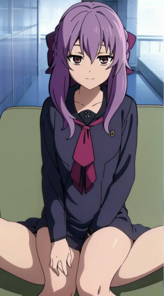 2D, High resolution, Detailed explanation, Highest quality, Very detailed, Very detailed, masterpiece, Highest quality, High resolution, 一人in, One person, 一人in, purple_hair, Expressionless, Looking_in_Audience, smile, Mini chest, Anime Style,nude, nsfw,1boy, penis, imminent penetration, lying, on back, spread legs