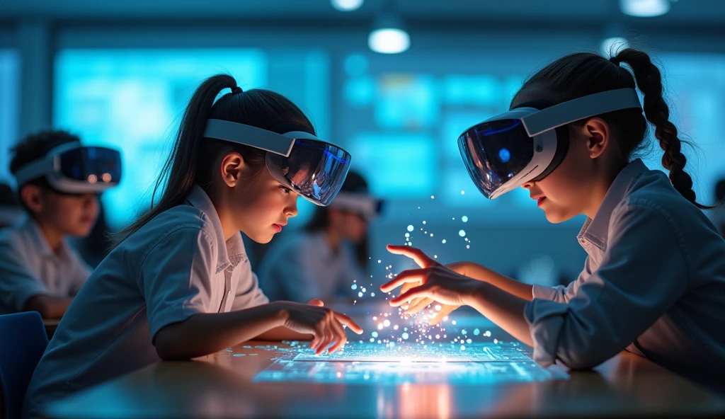 The impact of artificial intelligence and VR technology on student learning, featuring interactive and immersive classroom experiences.