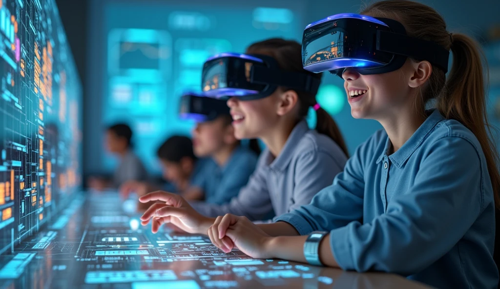 The impact of artificial intelligence and VR technology on student learning, featuring interactive and immersive classroom experiences.