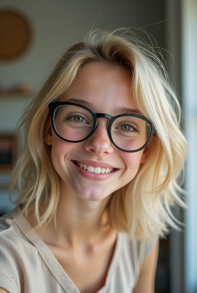 can you generate me an image of a teenage girl with blond hair with excess sebum, big square glasses rounded on the side and wipes on the glasses, a unibrow, a big nose, a beauty spot on the right lip and with lots of stinky boogers, naked , big tits, e, topless ,bedroom laying in bed, fucked silly Look, moaning
