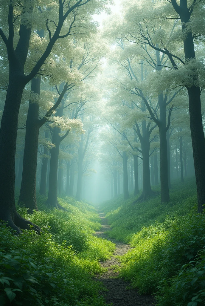 uma floresta densa, with white-leaved trees, snow-white leaves, grama verde, and with a wild appearance, nor his name