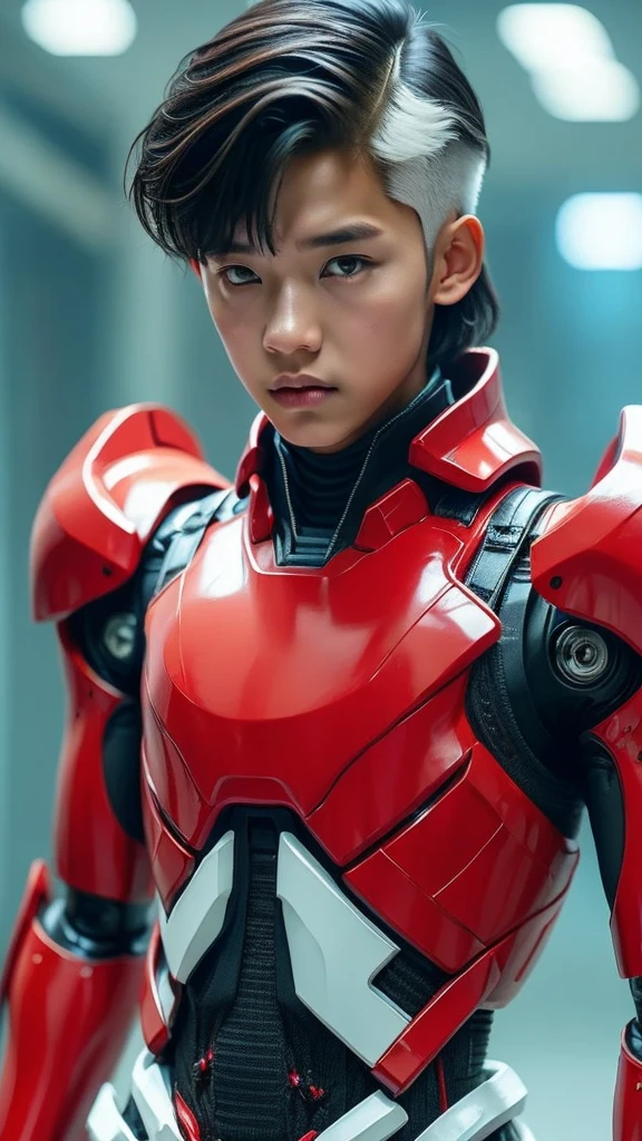 a young 17 year old boy half body shoot .wearing a red and white exoskeleton armor, a robot face on his chest , malaysian mullet hairstyle, detailed face and eyes, highly detailed, 8k, photorealistic, cinematic lighting, concept art, sci-fi. Led light blue.led light robot face on body Punisher. Marvel.
