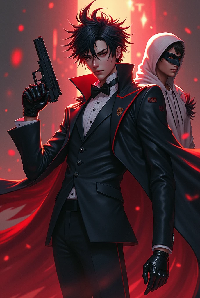 **hair**: I might have dark, messy hair, with pointed tips resembling flames or shadows, giving it a dynamic and powerful look. **CLOTHES**: He would wear a long, dark cloak, maybe with red details, that floats dramatically around him. stylized in the shoulders and arms. **Accessories**: I could wear a pair of gloves with shiny details, and maybe a mask that covers part of your face, adding a mysterious air. . **Posture**: I would be in a pose of action power or controlling dark elements. . **bottom**: A dark background or red and black tones, that highlights the contrast with the character, giving a feeling of intensity and strength. He is young in a tuxedo-type suit and has a Tommy gun and next to him is his friend in a white sweatshirt mixed with dark and wears normal glasses with dark eyes with a gun in his hand and has disheveled hair. He is a young man, there are only 2 in the image, one of them is wearing a white hood with black mixed in.