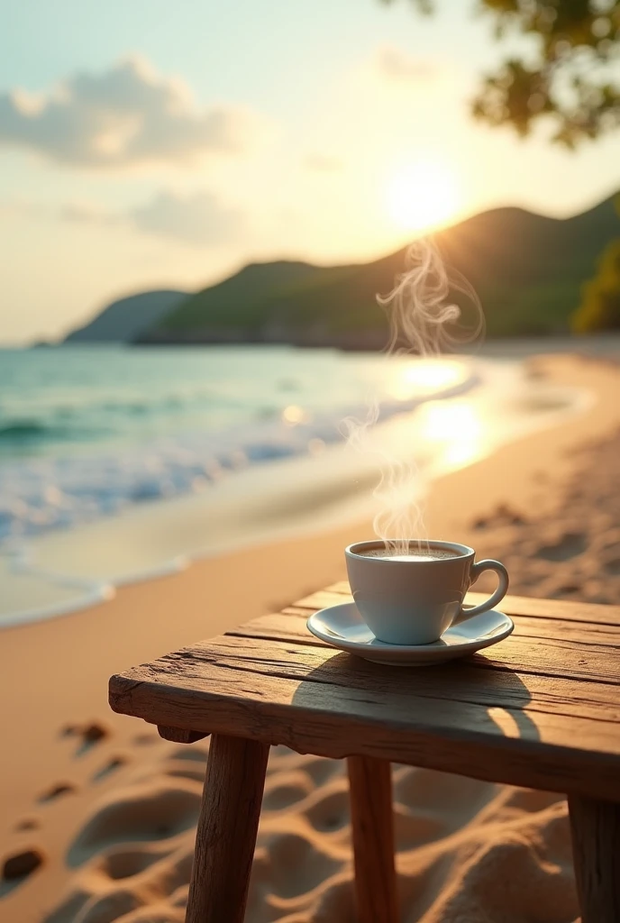 A close-up view of a rustic wooden table placed on the sand near the shore of a serene beach at sunrise. On the table, a steaming cup of coffee is prominently featured, with the steam rising visibly into the air. The beach stretches out with soft, golden sand, and the calm ocean waves gently lap at the shore. In the background, lush green hills meet the horizon, and the sky is painted in soft shades of pink, orange, and purple, creating a breathtaking and tranquil atmosphere.
