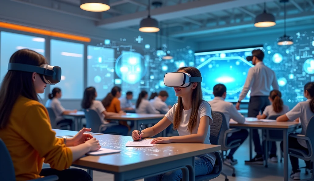 Educational advancements through VR and AI technologies, showcasing interactive tools and smart innovations in teaching.