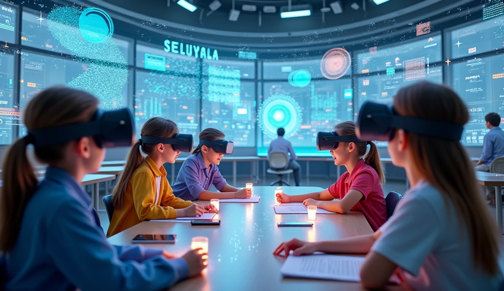 Educational advancements through VR and AI technologies, showcasing interactive tools and smart innovations in teaching.