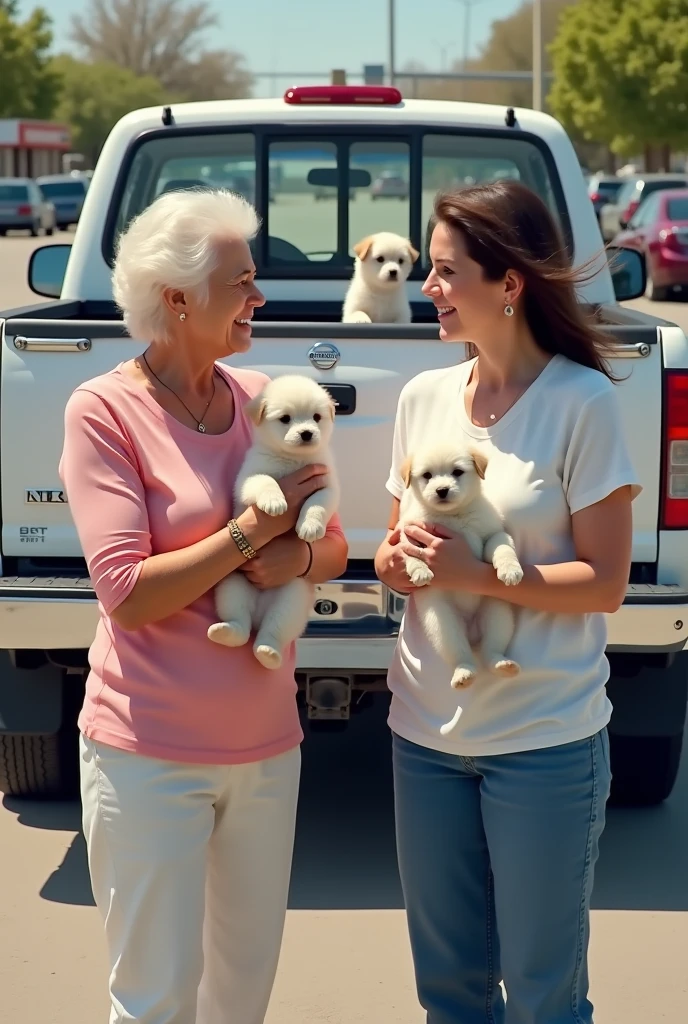 A realistic human image taken from above where you can barely see a parking lot with 2 white women, one of them an old woman wearing a pink blouse and white pants carrying a white puppy and the other woman, 3, wearing a white blouse and blue pants., They are talking and behind them there is a white Nissan Pkup type truck with 2 white puppies 