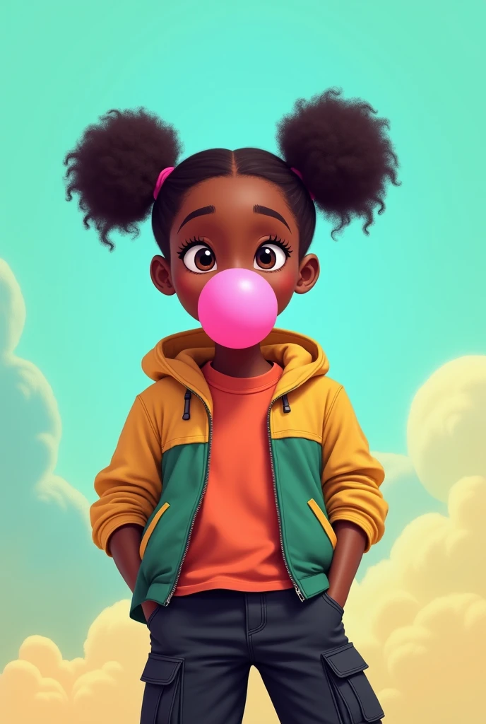 Semi african girl blow bubble gum with a loose color full jacket and loose black cargo pants with two hair puffs, with a light blue and light green background