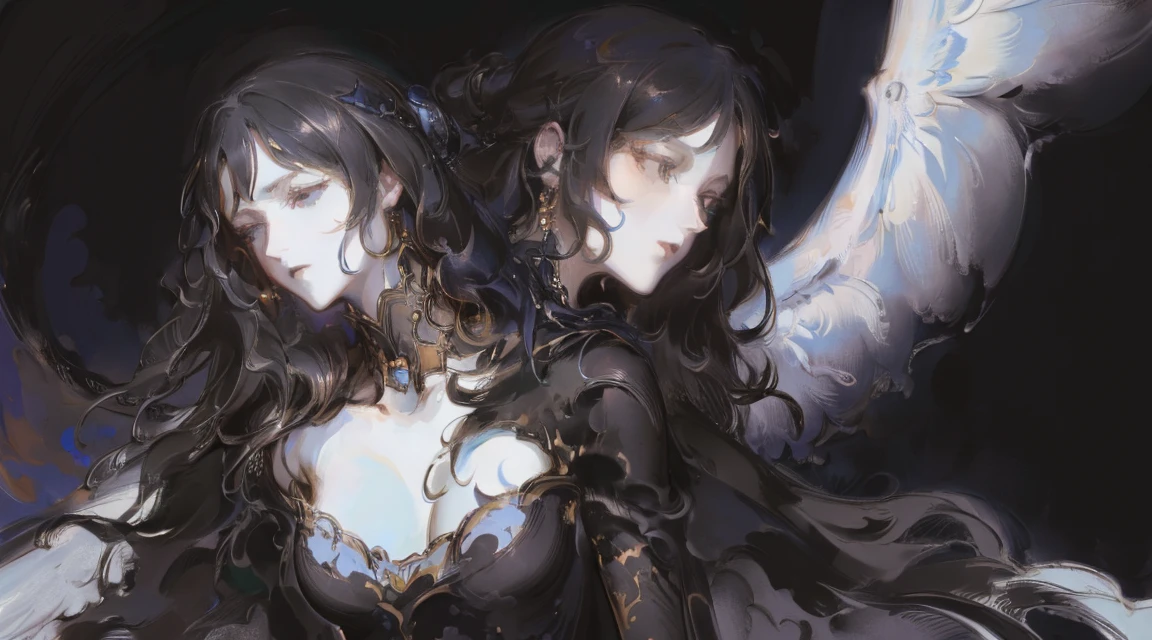 (Designed by nty:1.4), A woman is, Dark color dress, (solo), grieves, Yoshitaka Amano character design,solo, tmasterpiece: 1.7, top-quality、(highly detailed CG、ultra - detailed、The best shadow:1.1)、solo、painting-like、a sketch、Paper texture、Ultra-high resolution、The facial details are particularly rich、flatcolors、The facial details are particularly rich、current、limited pallet、low-contrast、Black wings:1.2、