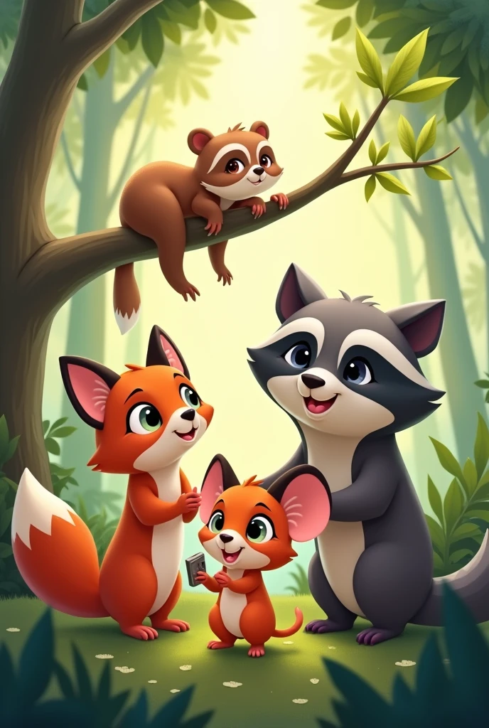 Make a little mouse, uma raposa, a raccoon and a sloth in a selfie. In this selfie, laziness is on a branch, the little mouse in front of all the animals, the raccoon on the left and the fox on the right