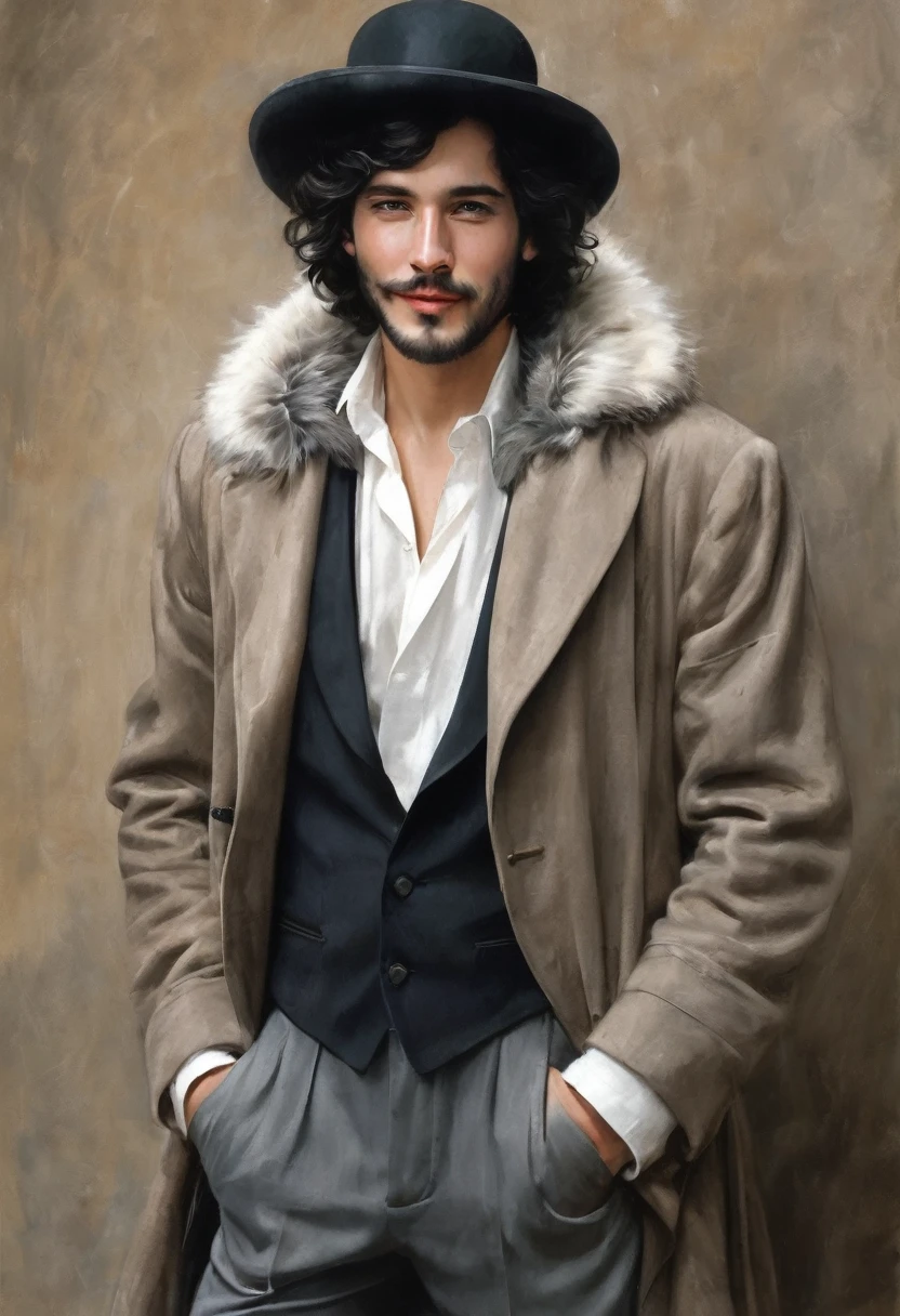 (good quality), (many details), (masterpiece), A man with hat and cigarette (20 years old), open coat with fur collar, bare chest (hairy), hat (gray with white band), wavy shoulder-length black hair, coin playfully between fingers, trickster, small beard, full body portrait, mischievous laugh, oval face, sexy, gloomy lover, Spaniard