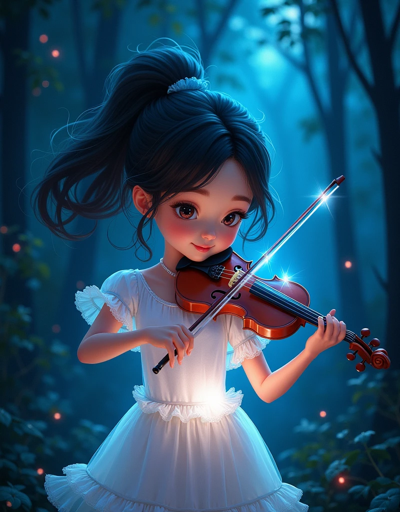 Adorable girl playing a glowing glass violin made of light in the night forest by Marc Allante :: Camilla d’Errico :: Dave White :: Carne Griffiths :: vibrant dark colors