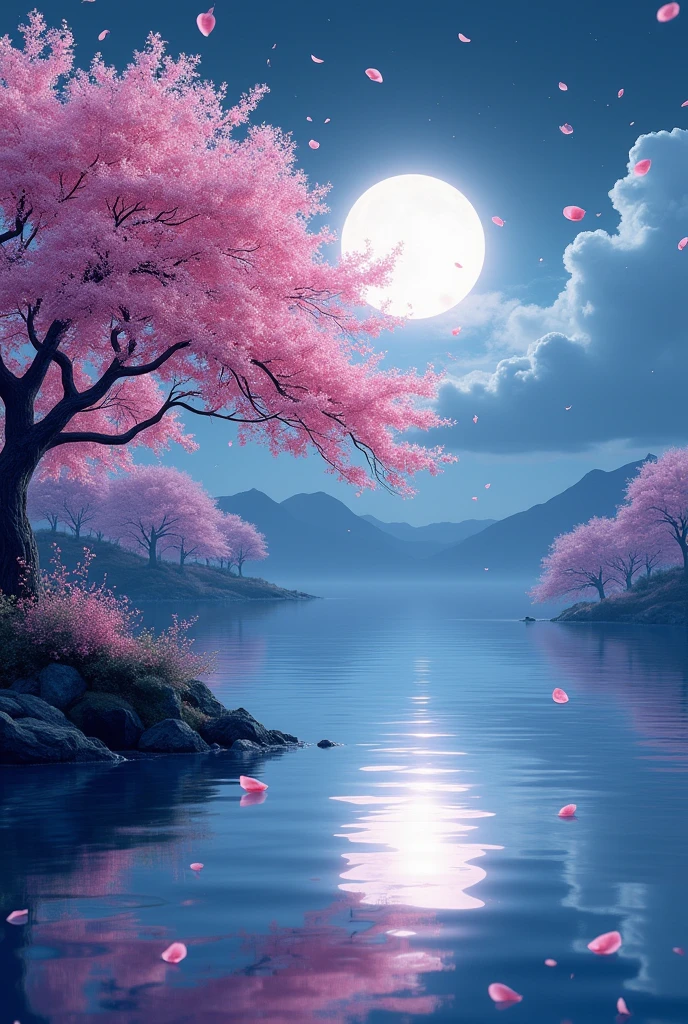 The full moon illuminates the sea, surrounded by cherry trees and mountains. The pink petals of a peach tree are illuminated by the silvery light and reflect on the calm sea. In the style of an ink painting, this scene expresses serenity and romance, with purple tones adding a touch of mystery. High-resolution photography, detailed, subtle textures, natural landscapes, romantic atmosphere.