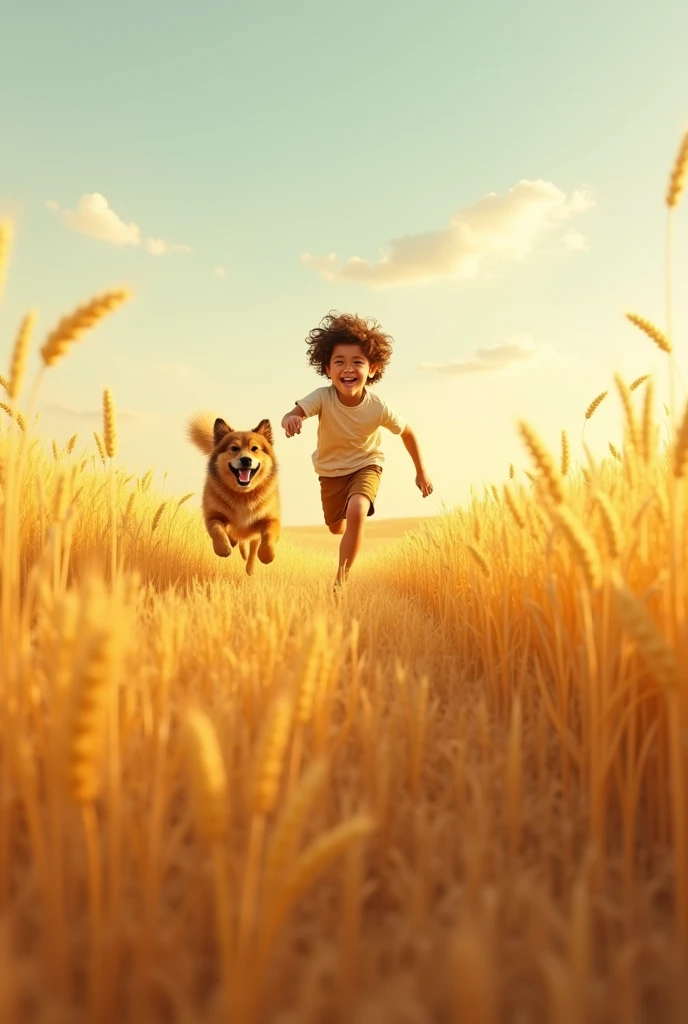 Boy and Dog Running Together in a Wheat Field: A runs alongside his dog in a vast wheat field, both enjoying the freedom of open space, with the afternoon sun illuminating their smiles
