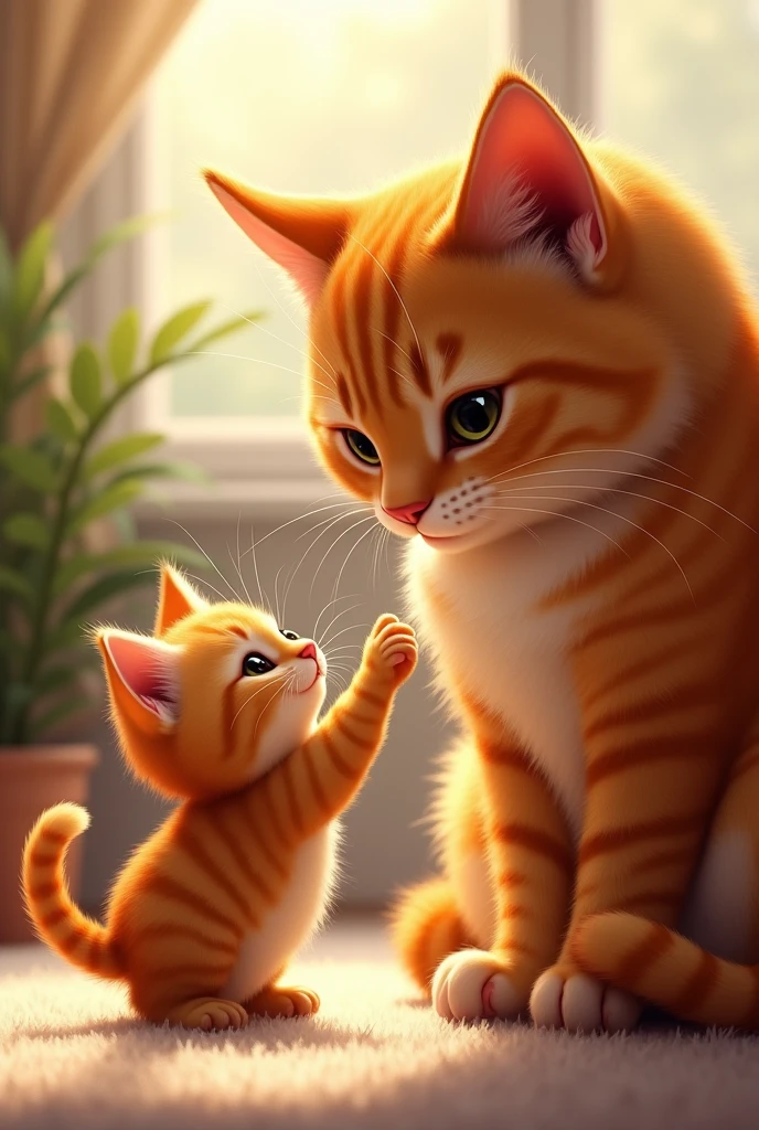 The two orange hair cats one big and her  .
 The chubby kitten, now awake and alert, reaches out a paw to its mother, who smiles weakly in return, both showing signs of relief.