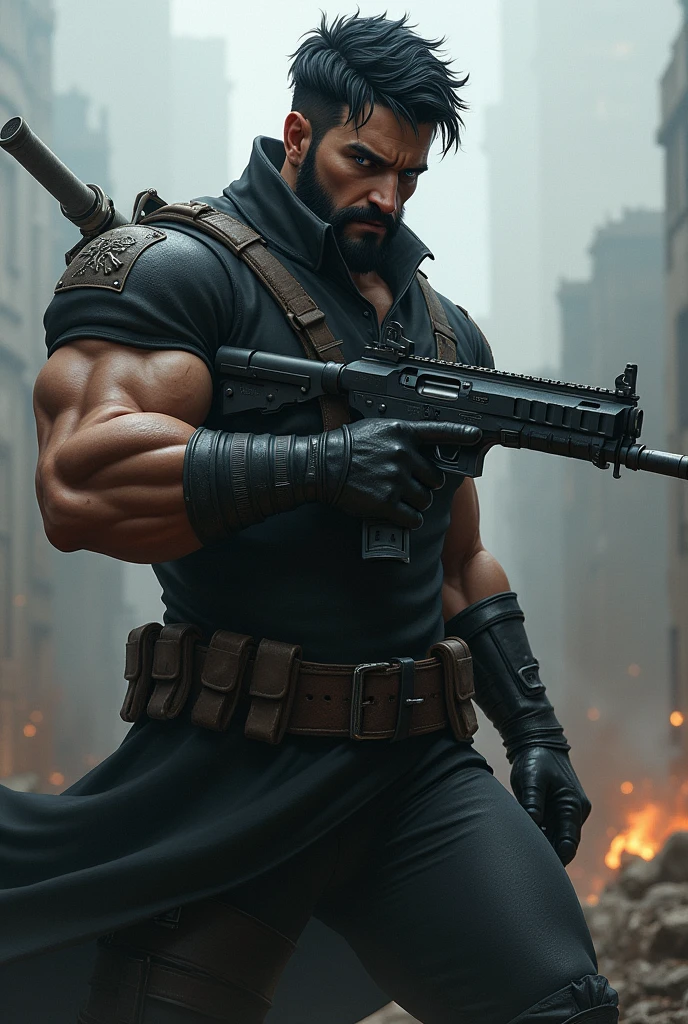 Realistic man with black hair and blue eyes and white skin color, He's pretty young, it&#39;s elegant, sem beard, Intimidating Enforcer, stark, brawny, closed, comely. He is using a firearm in a war.