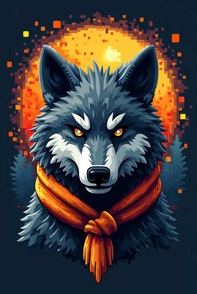Logo for a flannel shirt featuring a wolf made of legos with an orange and yellow scout scarf around the neck, that the word VILLALOBOS 2024 is on top and the background is made of Lego pieces
