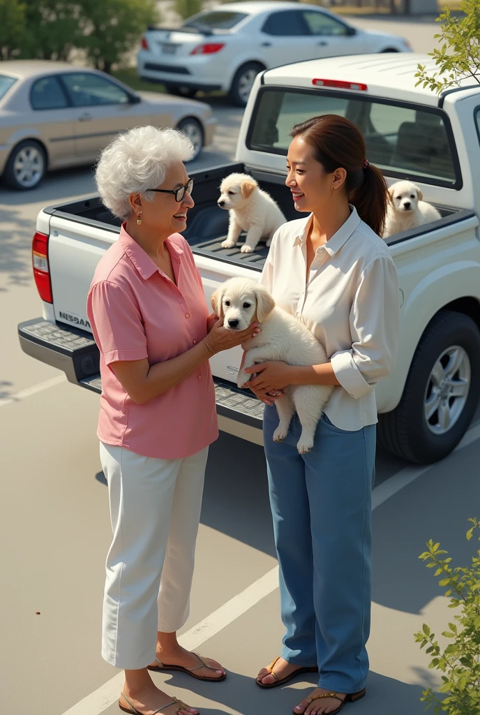 A realistic human image taken from above where you can barely see a parking lot with 2 white women, one of them an old woman wearing a pink blouse and white pants carrying a white puppy and the other woman, 3, wearing a white blouse and blue pants., They are talking and behind them there is a white Nissan Pkup type truck with 2 white puppies 