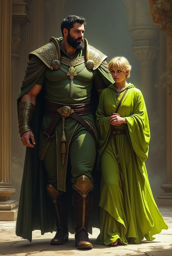 In the time of royalty,  Tall, burly beardless duke with short black hair, was followed by a blond-haired man wearing lime green healer&#39;s robes