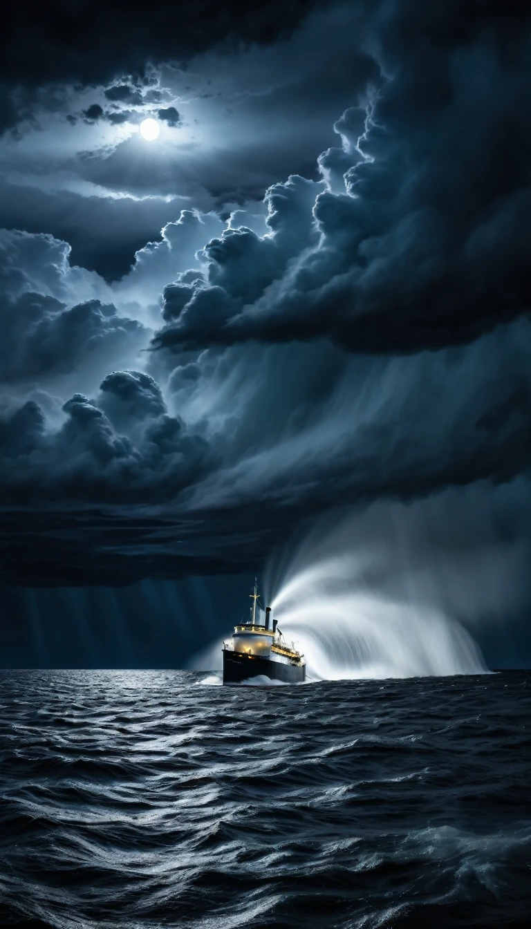 A stormy night on the Great Lakes with the faint outline of a ghostly ship, the Edmund Fitzgerald, rising from the dark waters in daylight make it cinematic 8k resolution