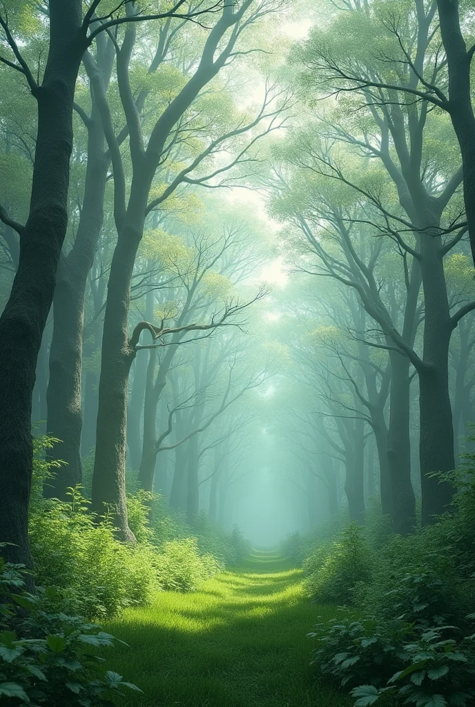 uma floresta densa, with white-leaved trees, snow-white leaves, grama verde, and with a wild appearance, nor his name