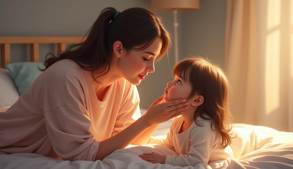 A mother sits on the edge of her daughter's bed, gently stroking her hair with a tender expression. The young girl looks up at her mother with a mixture of anxiety and relief, her small hands still gripping the corner of the blanket. The room is softly lit, creating a warm and comforting atmosphere. The mother's gentle touch is calming the girl, as her hair is being smoothed down.
