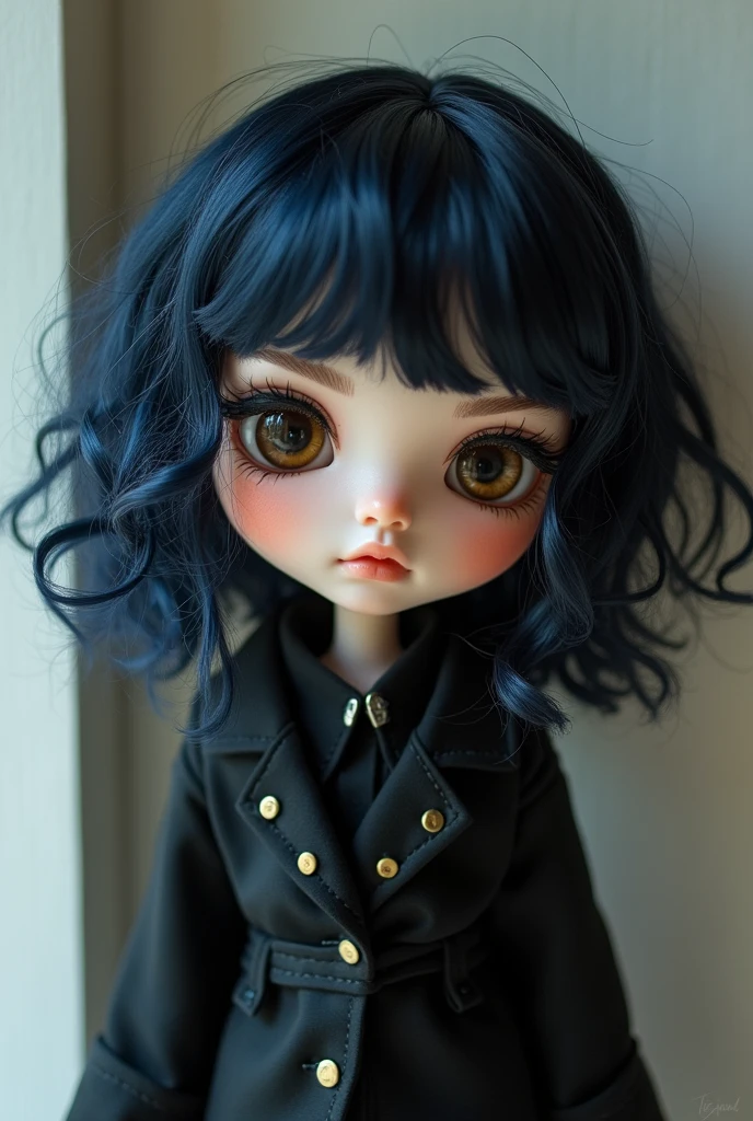 Create an asian blyth doll with pale skin, brown eyes and blue-balck wavey, a bit over shoulder long hair. Thick-ish dark eyebrows and a emo style