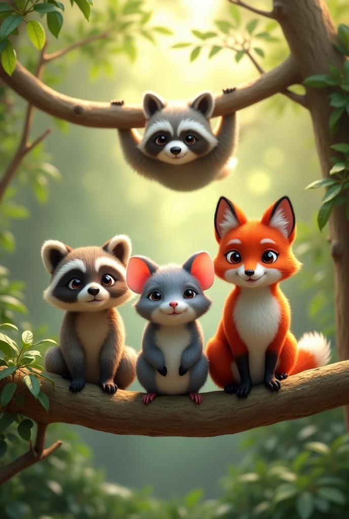 Make a little gray mouse, uma raposa, a raccoon and a sloth in a selfie. In this selfie, laziness is on a branch, the little mouse in front of all the animals, the raccoon on the left and the fox on the right