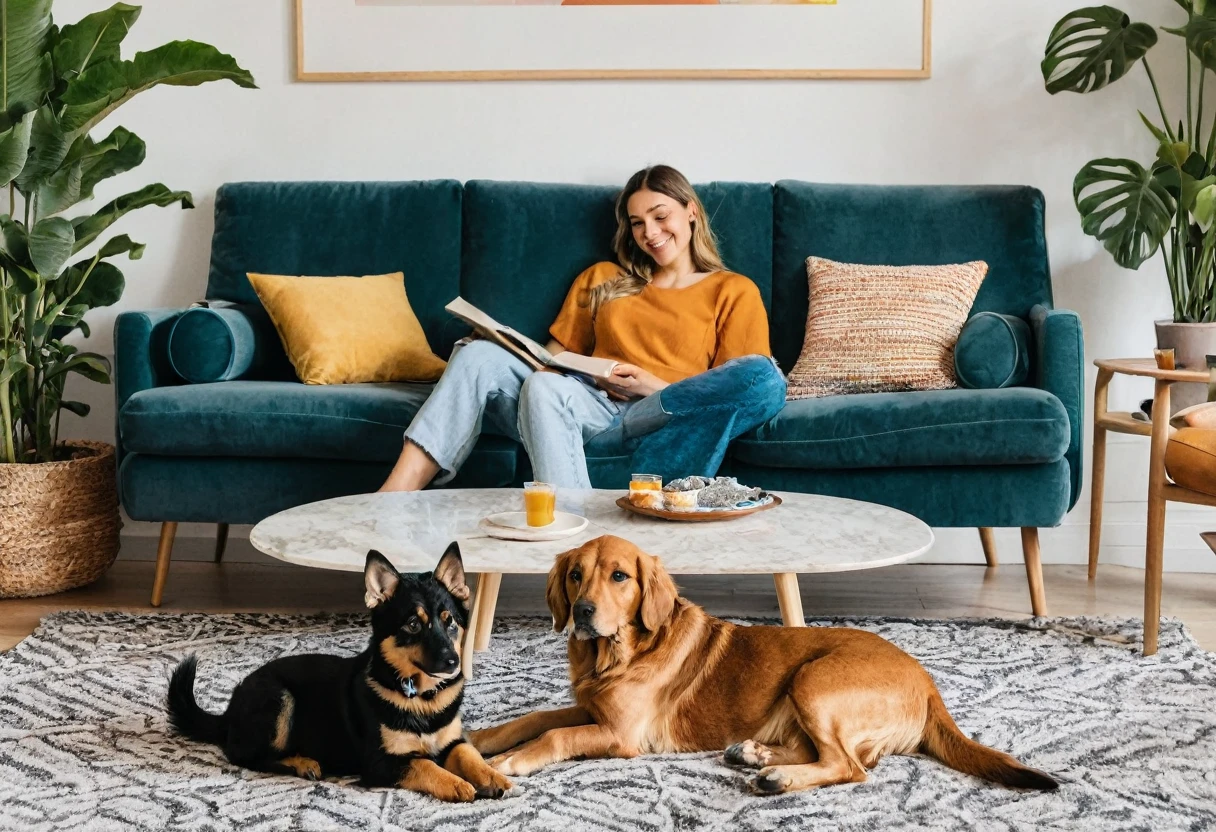 Relaxing in the living room with pets