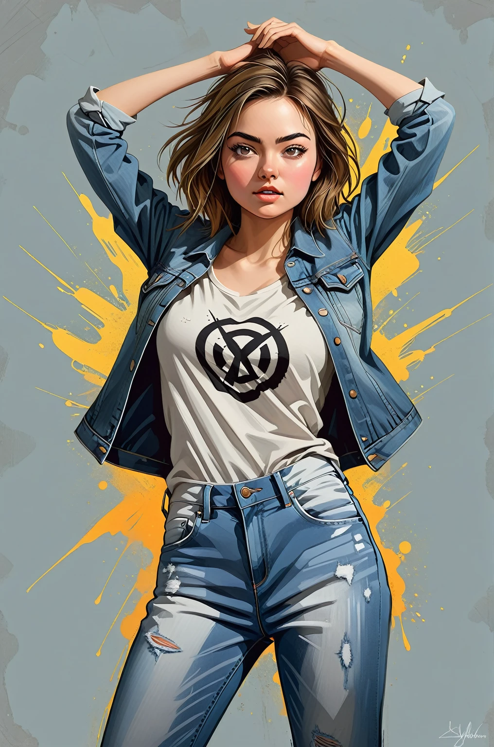 a young woman, ((whole body, jeans pants)) ((neutral background)) two arms raised, frontal, image from other you told, very beautiful face, powerful impactant modern current, modern, actual, Casual, expression of freedom, expression of rebellion, contrasted lighting, Digital paint, digital portrait, An ultra-fine and detailed painting,