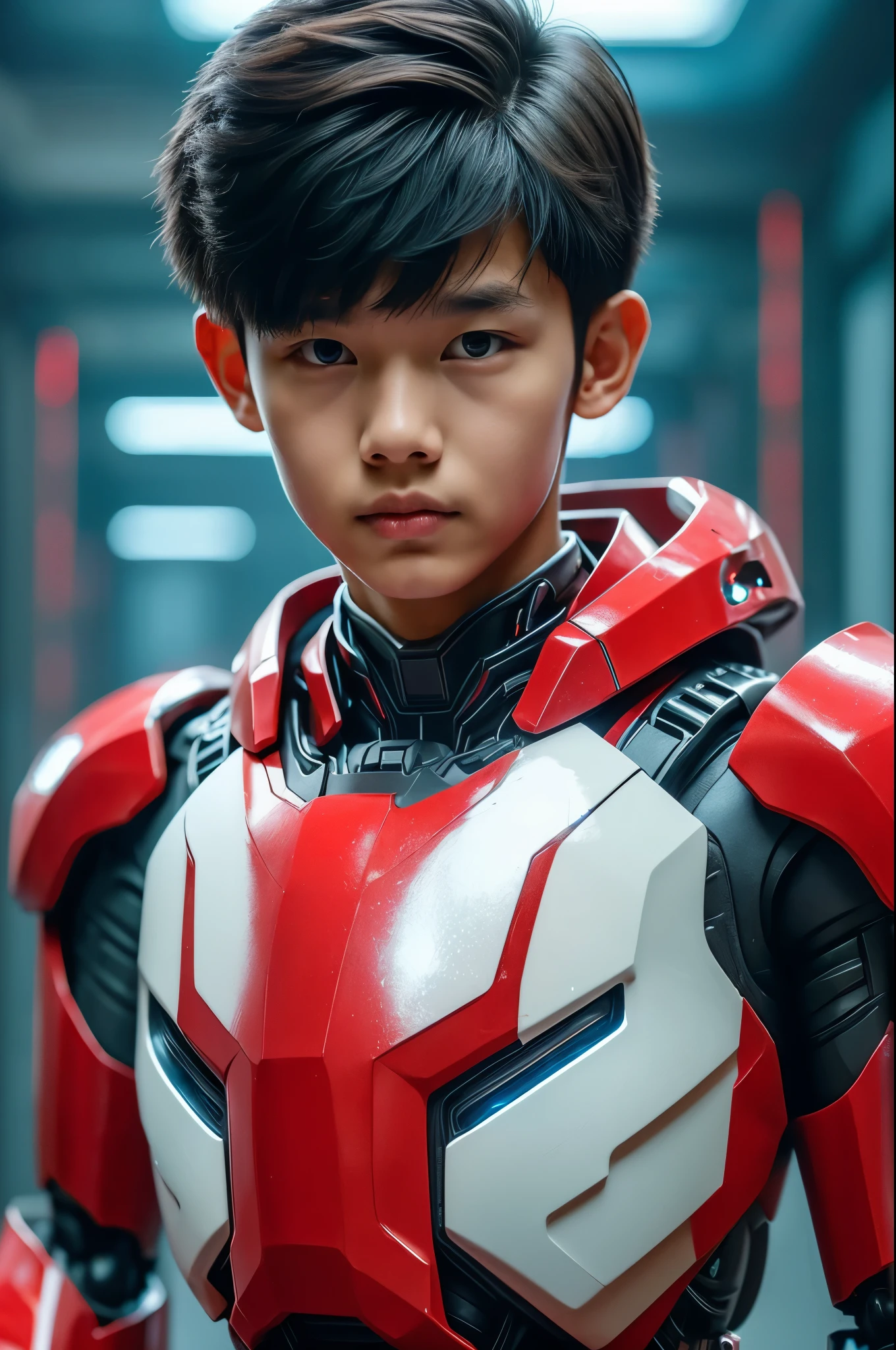 a young 17 year old boy wearing a red and white exoskeleton armor, a robot face on his chest , malaysian mullet hairstyle, detailed face and eyes, highly detailed, 8k, photorealistic, cinematic lighting, concept art, sci-fi. Led light blue.led light robot face on body Punisher. Marvel.
