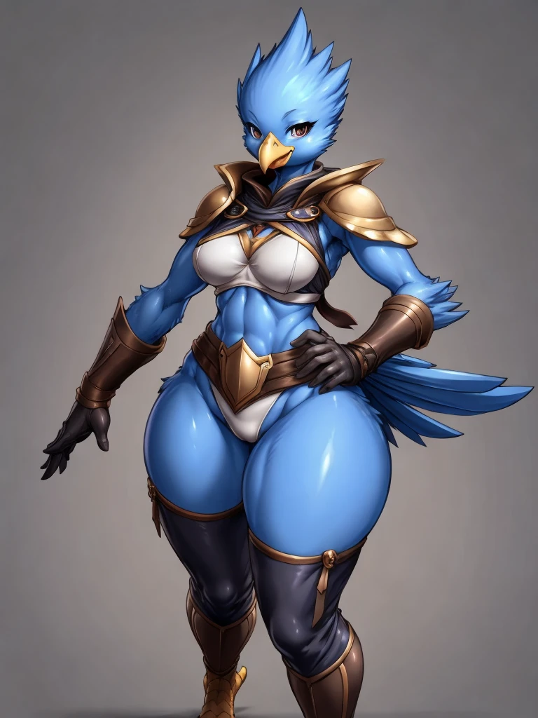 ((eagle)), furry female anthro,bird woman,HD,sharp,beautiful and detailed,woman ((anthro)),1girl,young girl,blue skin,(look at viewer) ,bird girl,beak,long beak,by dr comet,by pochincoff, by jlullaby,by kingbang,by obui,by ZeroQrisu,by sparrow,by gmeen,seduce smile,((thief outfit)),athlete,((simple background)),(gray background,)