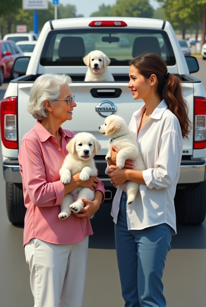 A realistic human image taken from above where you can barely see a parking lot with 2 white women, one of them an old woman wearing a pink blouse and white pants carrying a white puppy and the other woman, 3, wearing a white blouse and blue pants., They are talking and behind them there is a white Nissan Pkup type truck with 2 white puppies 