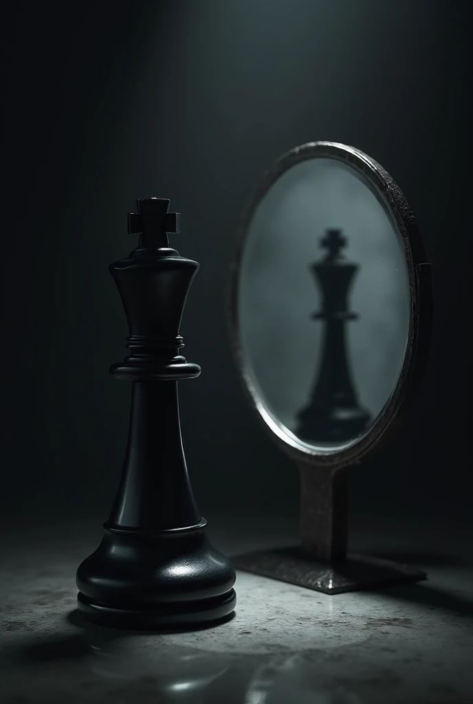 A black chess pawn piece looking into a circular mirror and in the mirror reflection take away the pawn and add a black chess king piece in a dark room