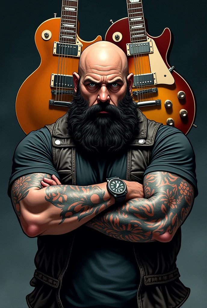 **Physical Appearance**:
  - **Face & Hair**: The character has a full, dark, and thick beard, adding a rugged and serious look. He is bald, which contrasts sharply with the beard and emphasizes his strong facial features. 
  - **Tattoos**: one tattoo on each forearm. The right forearm features a tattoo of a guitar, and the left forearm has an old car, both tattoos lengh wise on forearms. 
  - **Build**: He has a strong but slight beer belly build, with broad shoulders and a strong, imposing presence.

- **Pose & Clothing**:
  - **Pose**: 
   crossed arms looking at the camera with his wood colour les paul guitar hanging over him.
  - **Clothing**: He can be depicted in a simple, dark t-shirt (possibly distressed or with a worn look to fit the gritty style), allowing his tattoos to be visible. clothed period correct to 1969.
 
- **Expression & Details**:
  - **Expression**: His expression should convey a blend of calm intensity and focus. The avatar can exaggerate this with a slightly darker or more intense gaze, making him appear deeply absorbed in the music or the moment.
  - **Details**: The guitars—both acoustic and electric—could be enhanced with dark, ominous effects like shadowy tendrils or electric sparks, fitting the Helter Skelter theme. The guitar could almost seem like an extension of his personality, with energy emanating from it that matches his serious demeanor.

- **Background & Lighting**:
  - The background could be dark with subtle, chaotic elements like swirling shadows or abstract shapes, reflecting the Helter Skelter vibe. The lighting should highlight the contours of his face and body, adding to the intense and dramatic look.

- **Style**:
  - **dark comic style