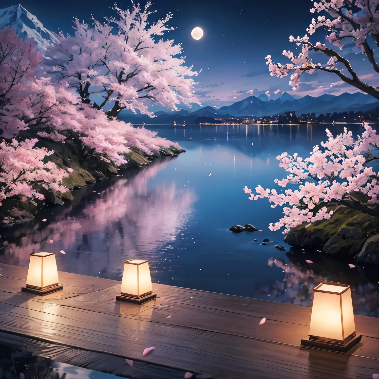 The full moon illuminates the sea, surrounded by cherry trees and mountains. The pink petals of a peach tree are illuminated by the silvery light and reflect on the calm sea. In the style of an ink painting, this scene expresses serenity and romance, with purple tones adding a touch of mystery. High-resolution photography, detailed, subtle textures, natural landscapes, romantic atmosphere.