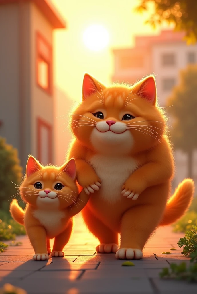 The two orange hair cats one big and her baby .
As the sun sets outside, the chubby cat and her kitten, now in better condition, are seen leaving the hospital together, the pair grateful and hopeful for their journey ahead.