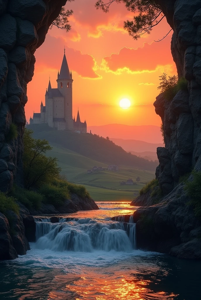 an orange sunset with the sun to the left of a medieval tower in the distance, with green fields and hills, the viewer is standing on the water of a waterfall that flows and falls, next to the viewer is a rock formation of the waterfall that limits the view of the landscape and creates a kind of window