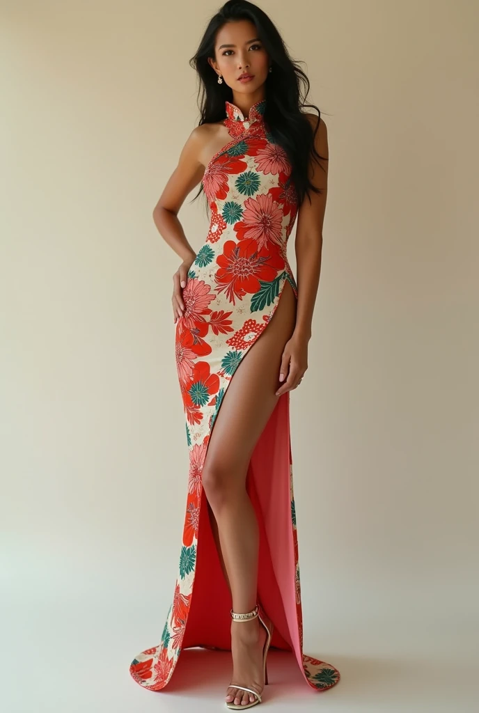 (Ultra-detailed, photorealistic, best quality,4k,8k,highres,masterpiece:1.3), (Vogue magazine cover), (Vogue Style Cover), Vogue style color paintings, 1 females, age 18, French. With her tan skin and perfect body shape, she radiates an irresistible allure. Known for her super sexy appearance, her busty physique and long legs only enhance her appealing persona. Her body language is as captivating as her physical attributes, always exuding confidence and sensuality. (((She's wearing a Art Deco Aodai - Vietnamese traditional clothes, the iconic Art Deco print enhancing her bold and daring persona))). ((intricate detail)), super finely detailed hands, ultra finely detailed fingers(((ten fingers))), ultra finely detailed toes (((ten toes))), (standing confidently), (full body showcase), (show full body), (no logos on background), (no logo).
