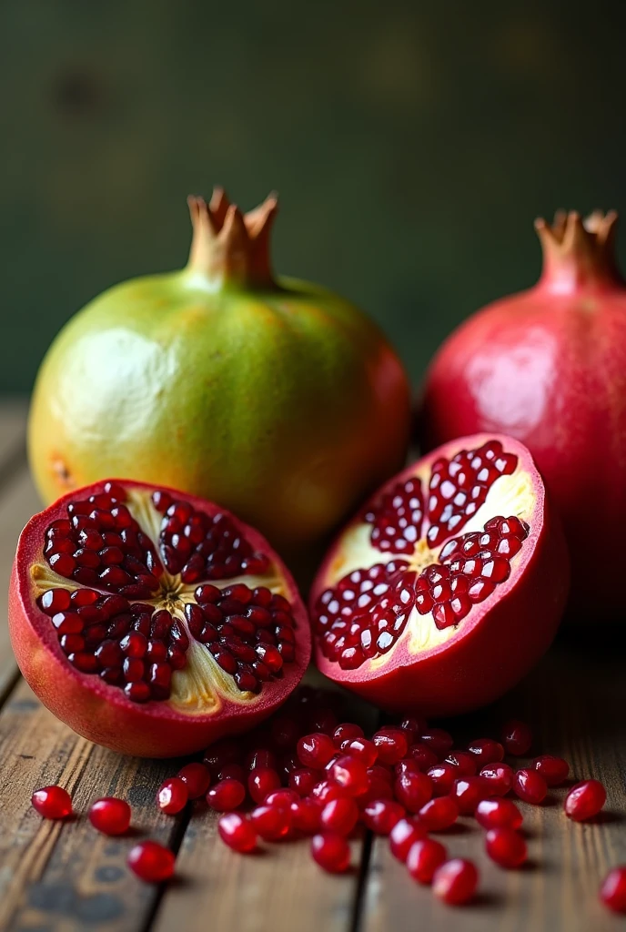 Image of green pomegranate fruit and another red pomegranate and pomegranate seeds scattered on the side of a standing.