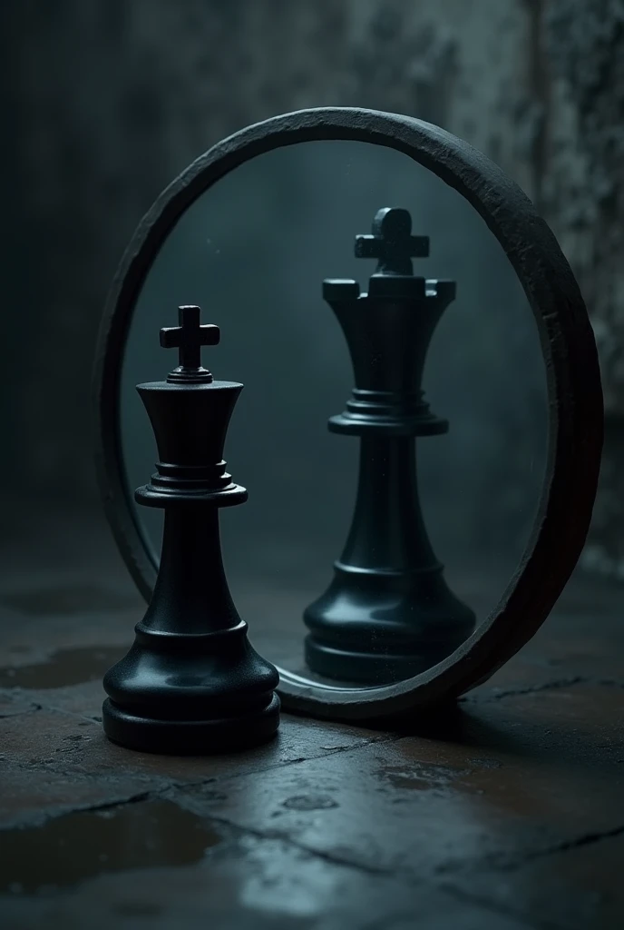 A black chess pawn piece looking into a circular mirror and in the mirror reflection take away the pawn and add a black chess king piece in a dark environment