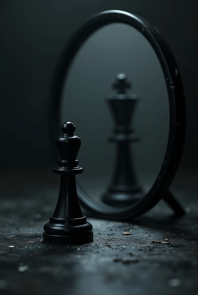 A black chess pawn piece looking into a circular mirror and in the mirror reflection take away the pawn and add a black chess king piece in a dark environment