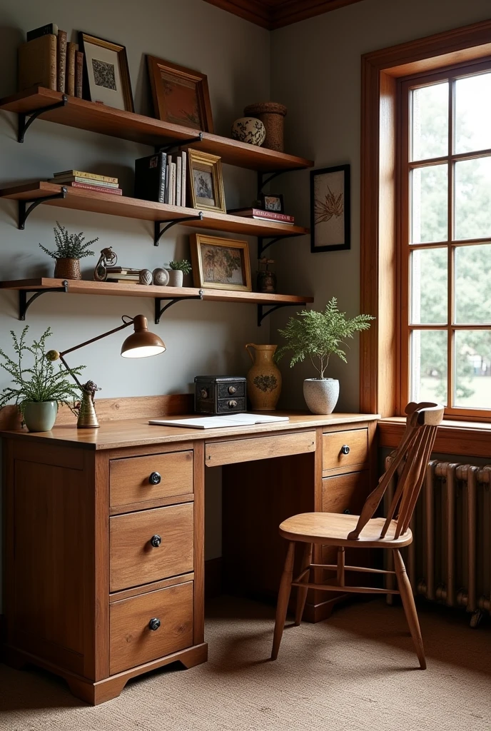 Vintage desk, color madera chocolate, with L shape, with shelves, cottage core, for artists