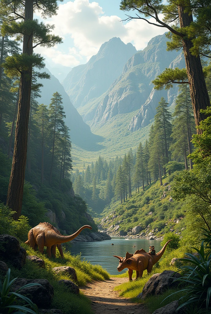 Create a representation of the Lopingian in which its flora and fauna are present., geography and climate reflected. Let their flora be gymnosperms and conifers, Their terrestrial fauna are therapsids, gorgonosopidos, pareasaurs and that their marine fauna are brachiopods, ammonites and cryopterans and the animals are seen 
