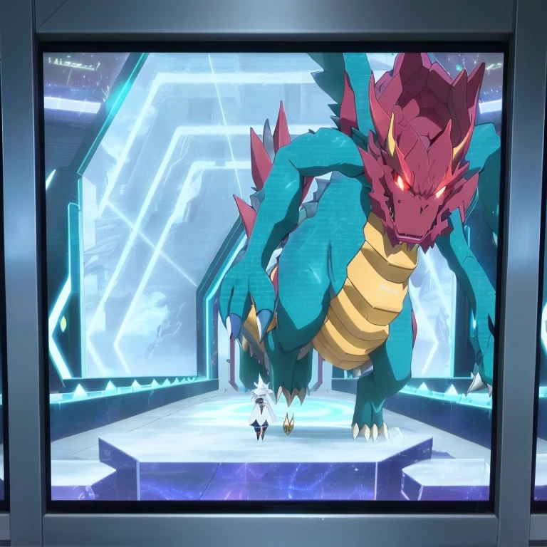 pokemon the movie - screenshote of a pokemon character in a futuristic setting, intense battle, dynamic!!, still from tv anime, colossal dragon in background, dragon in dragon lair, screenshot from a 2012s anime, menacing!, official anime still, slifer the sky dragon, safebooru anime image, pokemon military drill