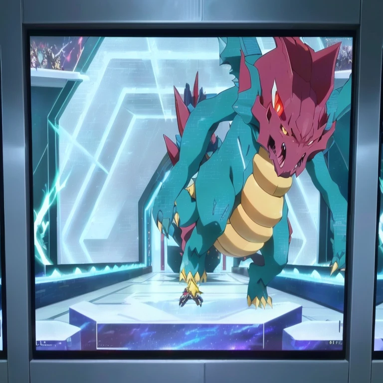 pokemon the movie - screenshote of a pokemon character in a futuristic setting, intense battle, dynamic!!, still from tv anime, colossal dragon in background, dragon in dragon lair, screenshot from a 2012s anime, menacing!, official anime still, slifer the sky dragon, safebooru anime image, pokemon military drill