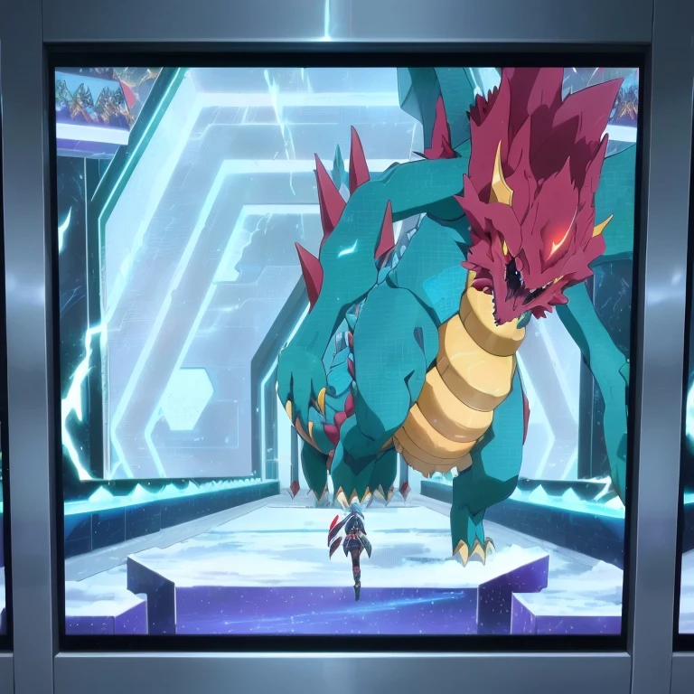 pokemon the movie - screenshote of a pokemon character in a futuristic setting, intense battle, dynamic!!, still from tv anime, colossal dragon in background, dragon in dragon lair, screenshot from a 2012s anime, menacing!, official anime still, slifer the sky dragon, safebooru anime image, pokemon military drill
