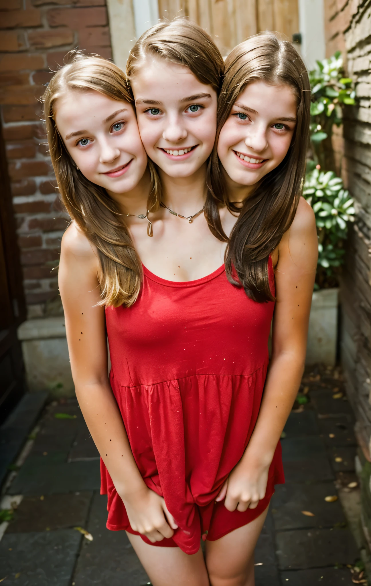 3heads, (three headed girl:1.5), (a girl and a 16 year old