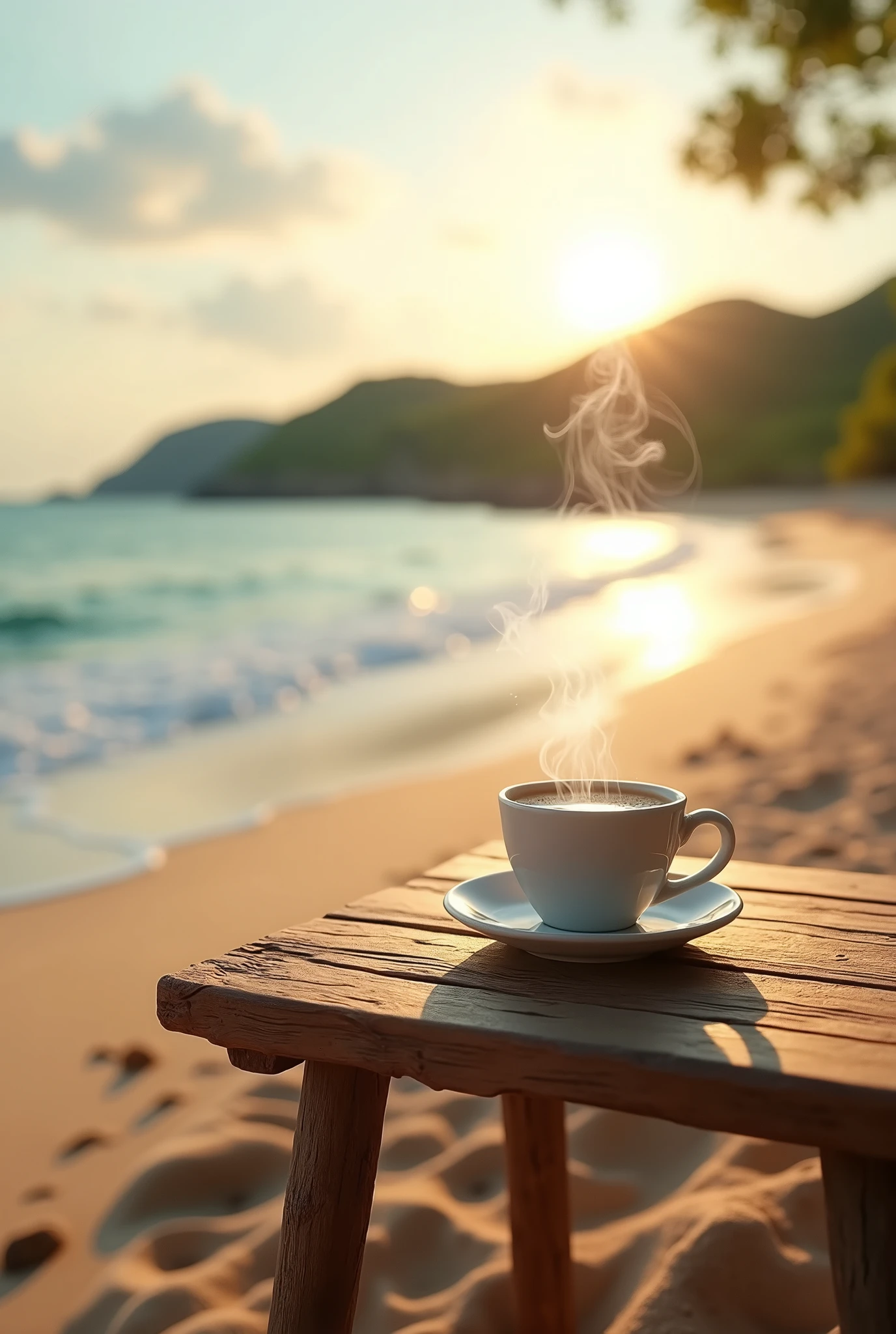 A close-up view of a rustic wooden table placed on the sand near the shore of a serene beach at sunrise. On the table, a steaming cup of coffee is prominently featured, with the steam rising visibly into the air. The beach stretches out with soft, golden sand, and the calm ocean waves gently lap at the shore. In the background, lush green hills meet the horizon, and the sky is painted in soft shades of pink, orange, and purple, creating a breathtaking and tranquil atmosphere.